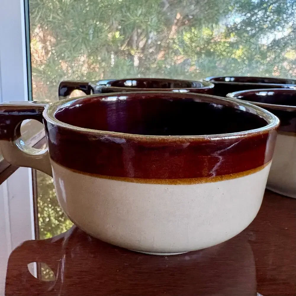 Vintage Western Stoneware Maple Leaf Brown Band Soup Mugs, Set of 4